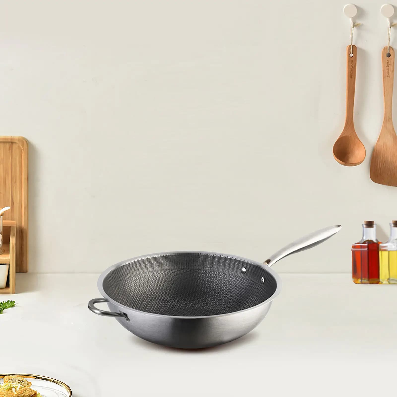 Wok in Acciaio Inox a Nido d'Ape con Doppio Manico, Padella Antiaderente, Accessori da Cucina per Fornelli a Gas, Wok per Uso Domestico