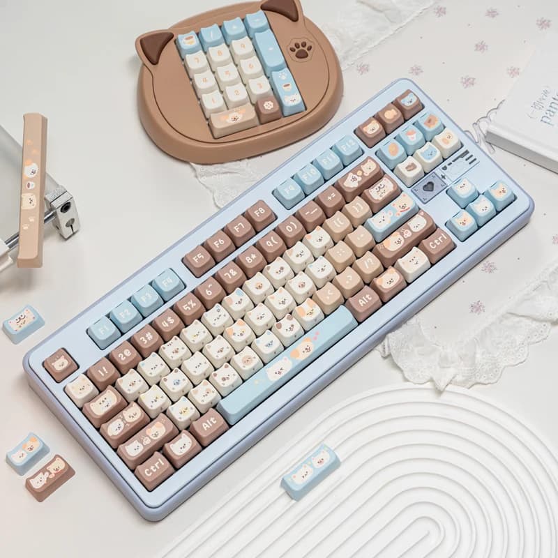 Set di 130 Keycap a Tema Gattino con Sale Marino, Profilo MAO, Testa di Gatto, Sublimazione a Cinque Lati, Keycap PBT per Tastiera Meccanica con Switch MX