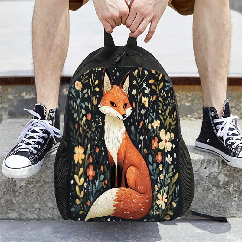 Women's backpack with floral pattern, fox and leaves - Fashionable casual backpack for school with adjustable shoulder strap and zip closure