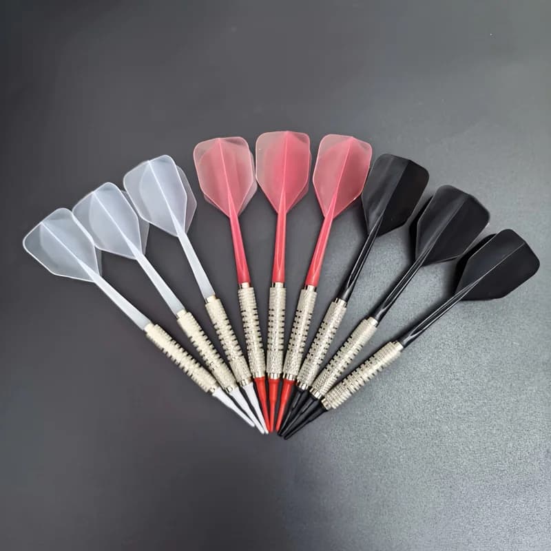 9-Piece Set of Safety Soft Darts, 3-Color Integrated Tough Dart Wings, 12 Gram Iron Dart Barrel with 18 Mixed Color Soft Heads.