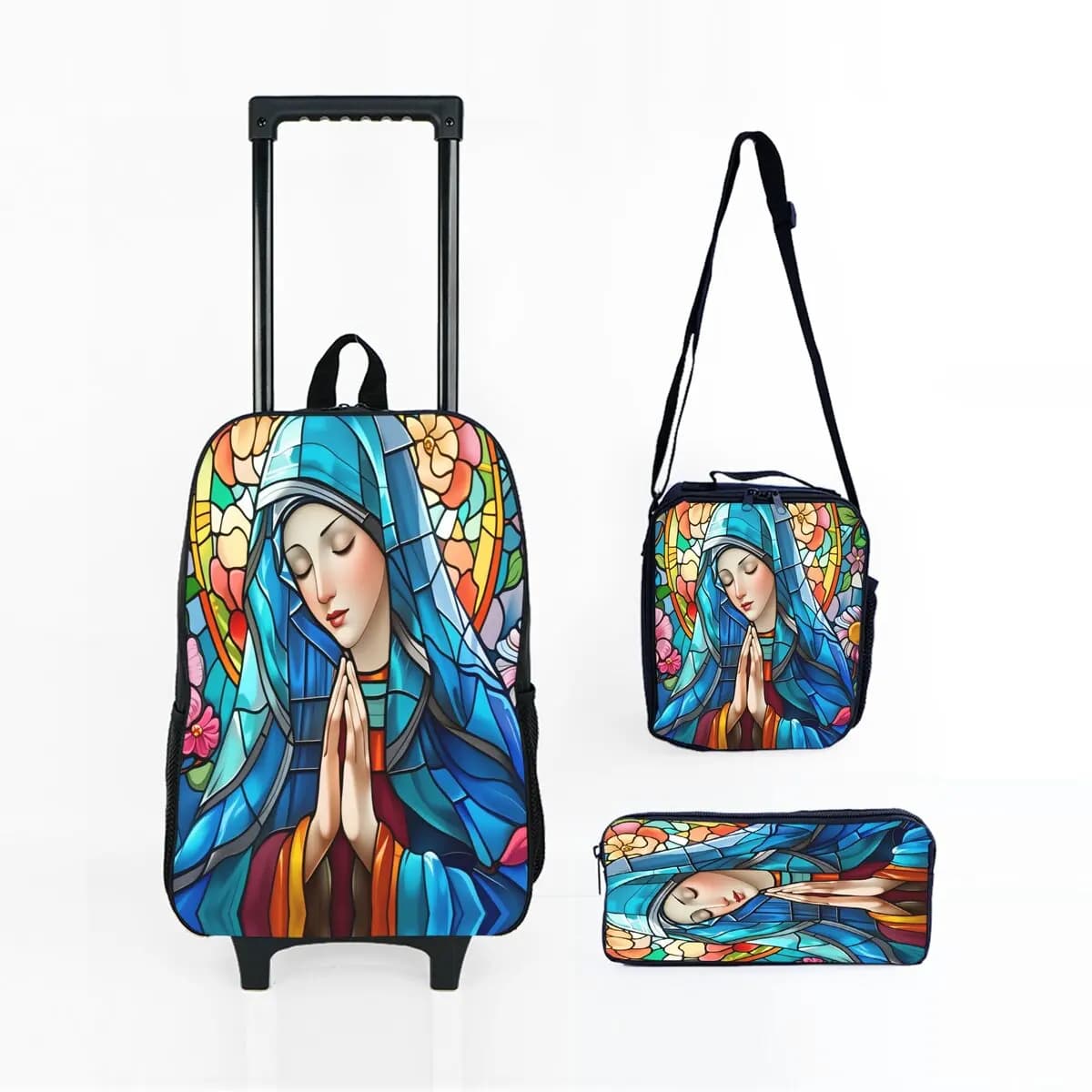 Set di borse con ruote con stampa Vergine Maria con portapranzo, borsa per penne con ruote, borsa per zaino da scuola per ragazza/ragazzo