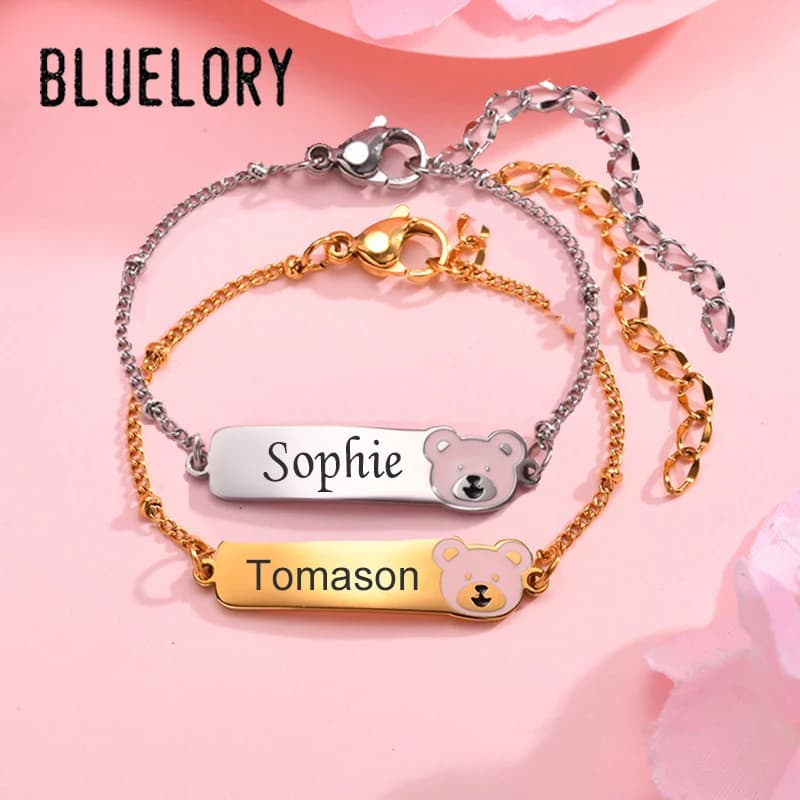 Bluelory Bracelet with Engraved Name with Laser Marking for Boys and Girls Custom Identification Name Curved Bracelets with Colored Pattern Cartoon Gift for Kids