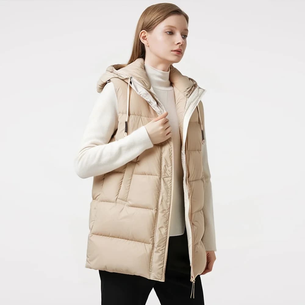 CA-39 Disponibile con cerniera con cappuccio e bottoni ricoperti, vestiti senza maniche, piumino in piumino d'anatra bianco, gilet imbottito