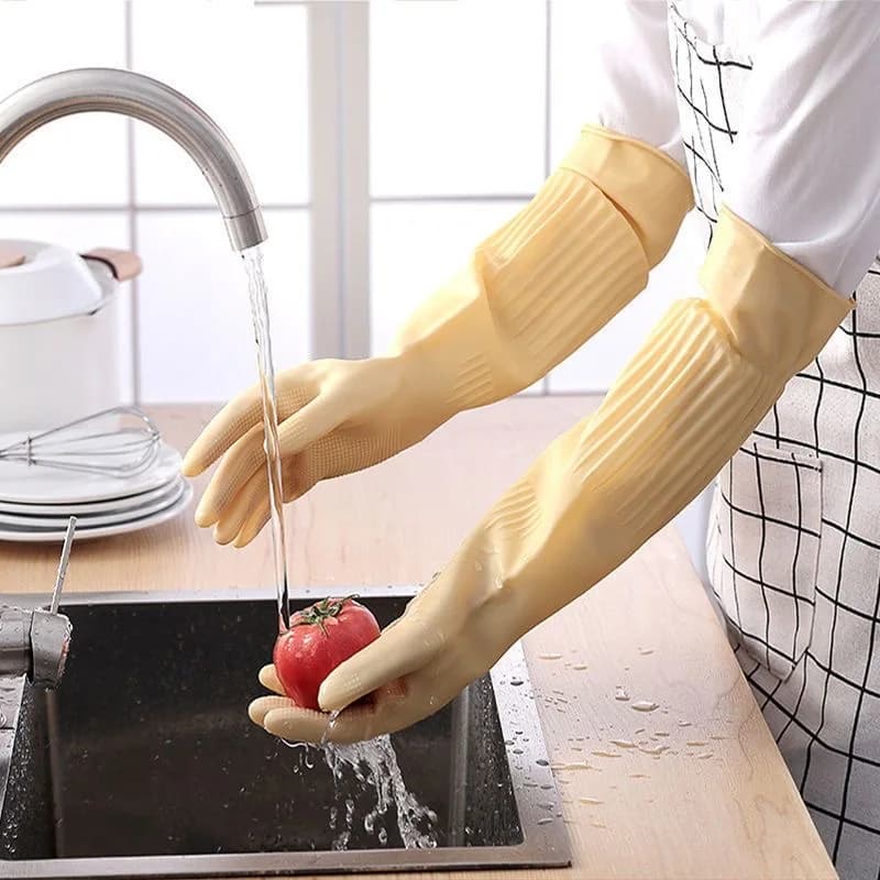 Guanti per la pulizia della casa in lattice di gomma, riutilizzabili, da cucina, per lavare i piatti, con polsino lungo, impermeabili, antiscivolo