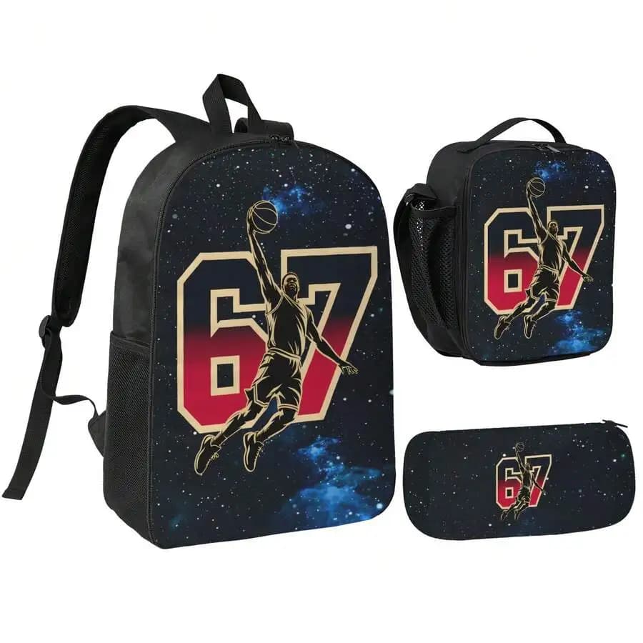 67 Basketball Meme Backpack Set With Lunch Bag And Pencil Case Space Galaxy Design