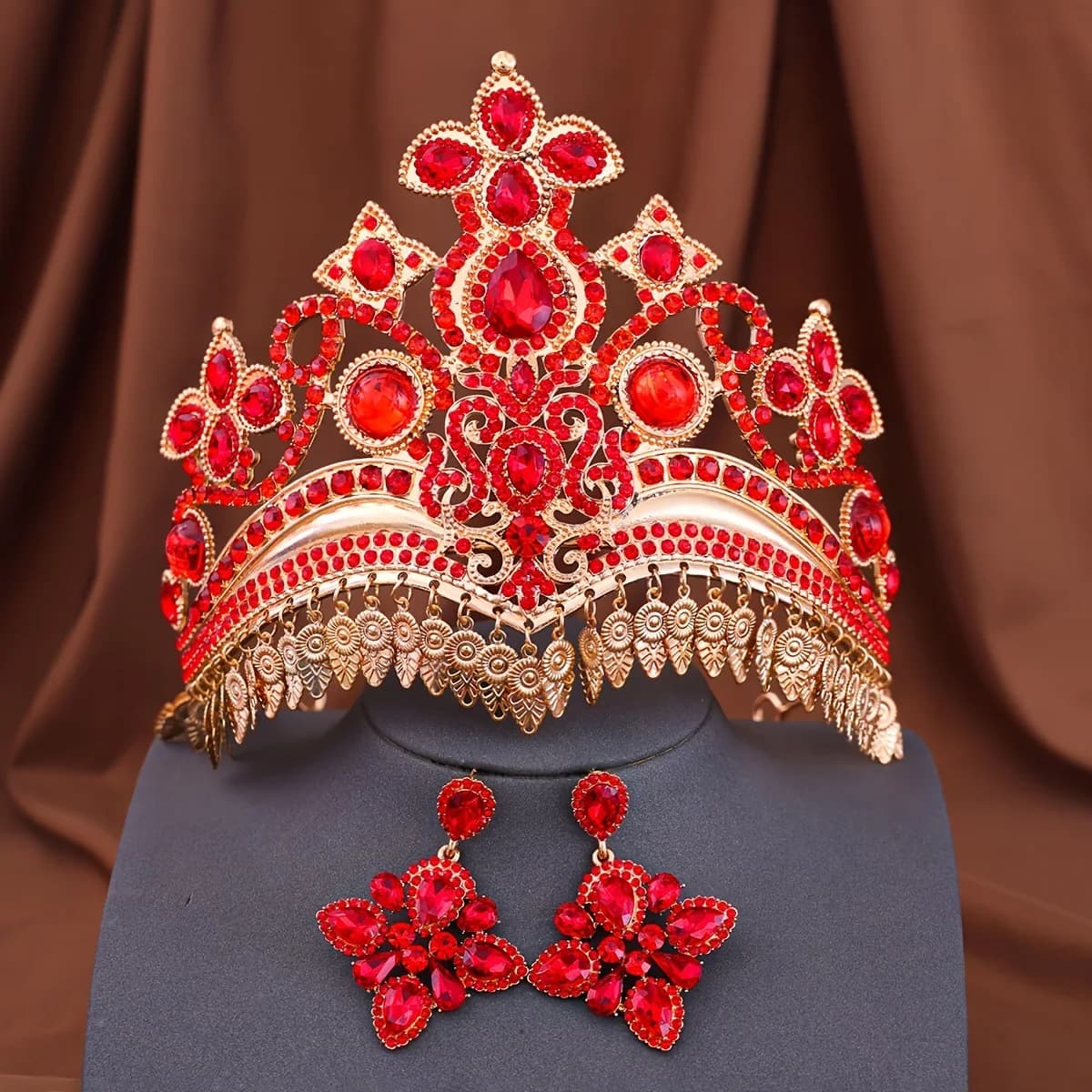 Set of tiara earrings with female wedding crown with golden red hair crown in ethnic style, hair accessories set
