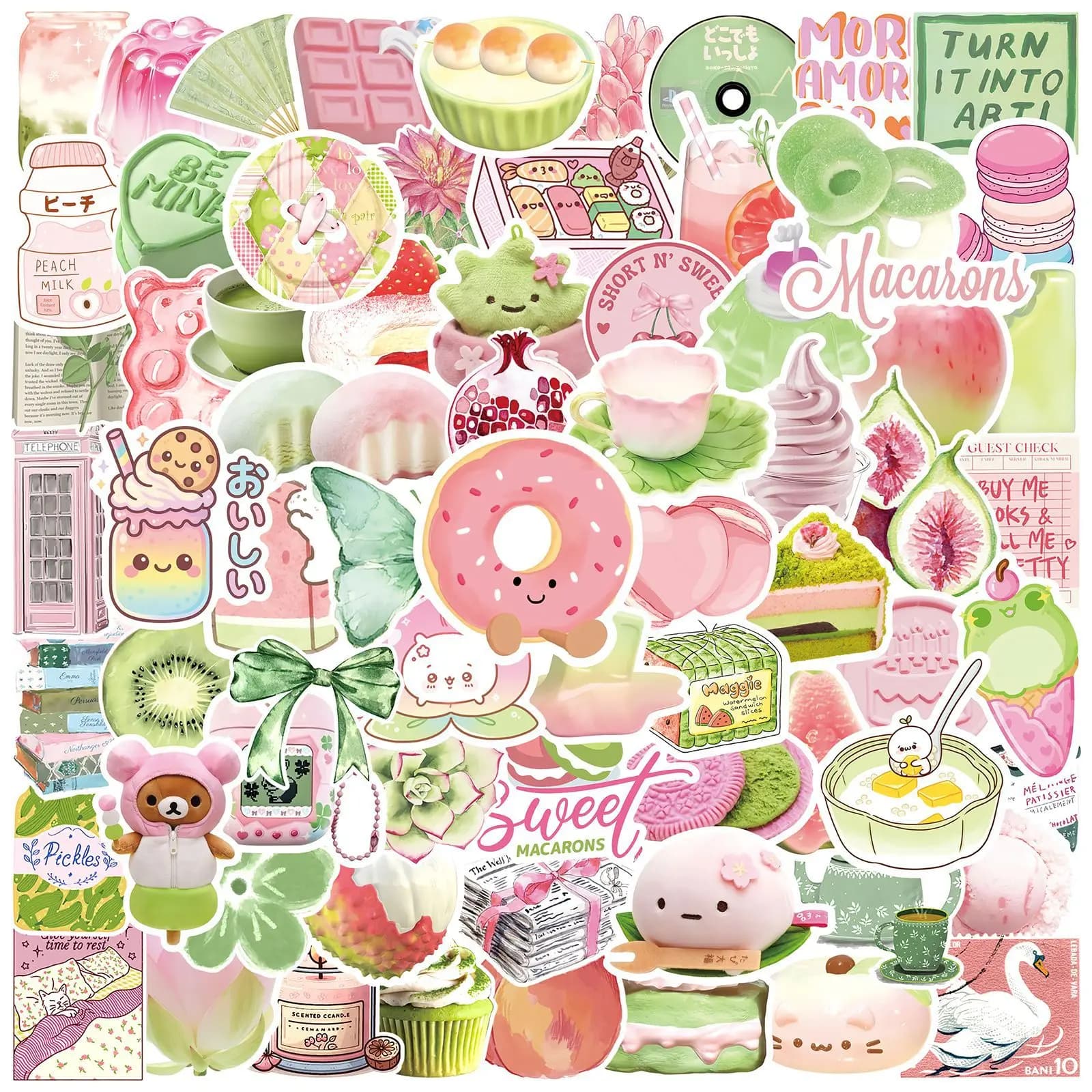 100Pcs Pink Green Vintage Stickers Aesthetic Cottagecore Decal Scrapbooking Notebook Luggage Laptop Skateboard Sticker