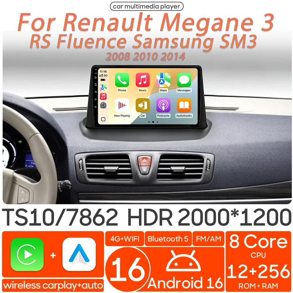 Android 16 for Renault Megane 3 RS Fluence Samsung SM3 2008 2009 - 2014 Multimedia Reader for Auto Carplay Radio Video GPS Navigation