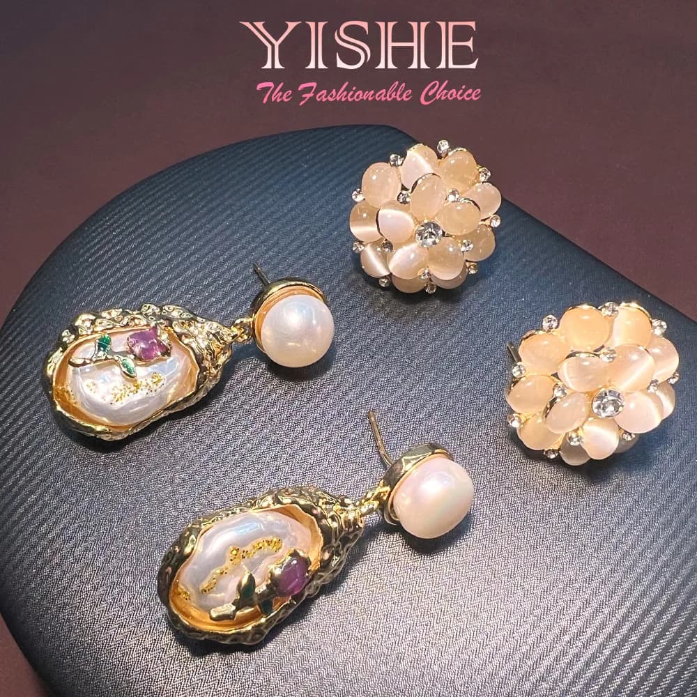 French 18K natural pearl oil painting water drop earrings, natural opal summer high-end niche exquisite stud earrings