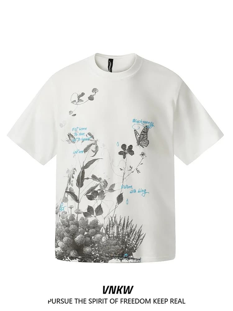 Cleanfit Floral Print round Neck Short Sleeve T-Shirt Unisex Loose Casual Overhead Top Youth Fashion Cotton Spring