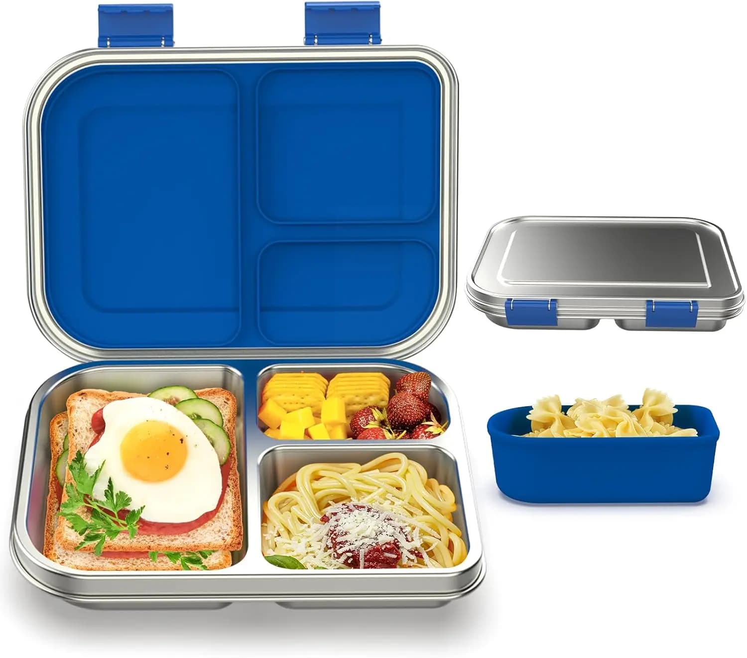 Bento Box per bambini in acciaio inossidabile, contenitore per il pranzo a prova di perdite con 3 scomparti per ufficio scolastico, lavabile in lavastoviglie blu