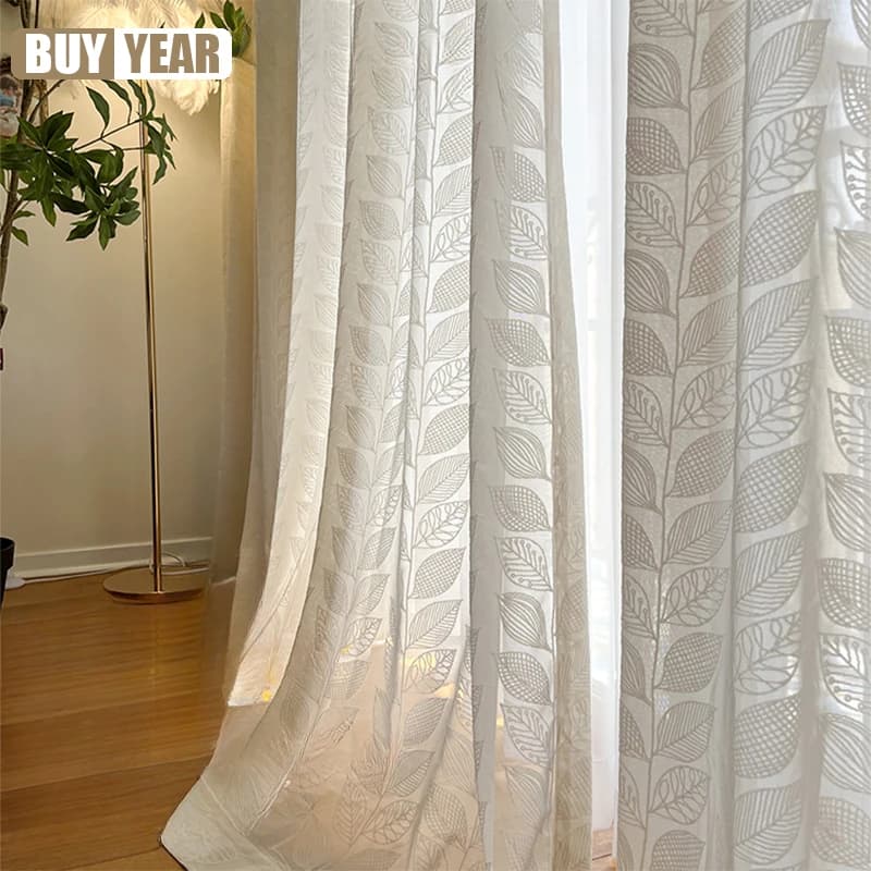 French Cream Beige Wind Leaf Three-dimensional Relief Curtains for Living Dining Room Bedroom Window Screen New Custom Size