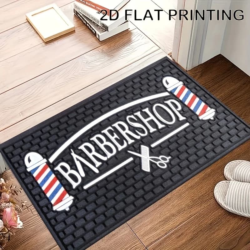 Classic Barbershop Pole Scissor Brick Texture Non Slip Entrance Mat Hair Salon Shop Front Floor Rug