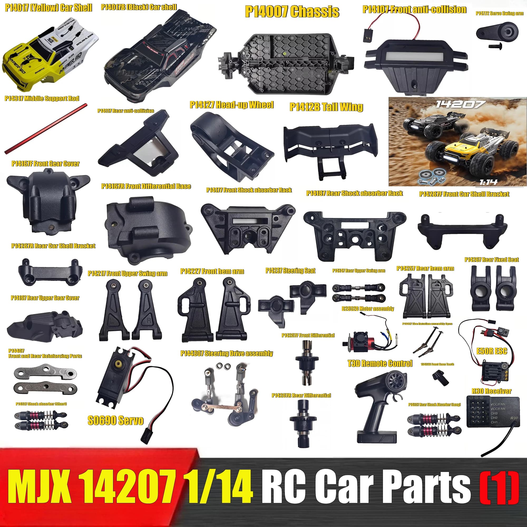MJX 14207 1/14 RC Brushless Parti di automobili telecomandate Car Shell Differenziale Pneumatico Telaio Anti-collisione Forcellone Servo Parti 1
