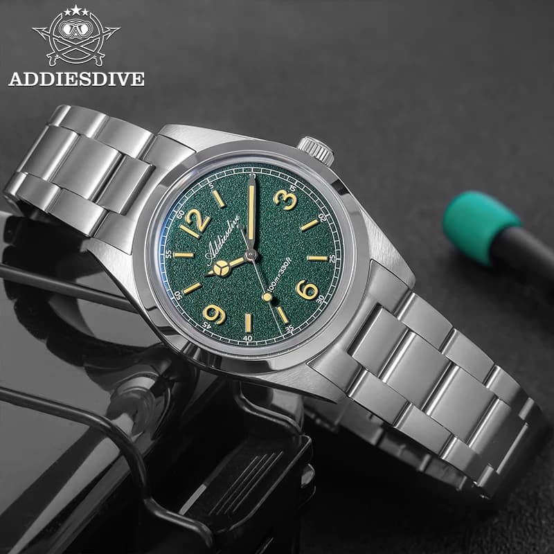 ADDIESDIVE Top Brand Men Quartz watches Stainless steel BGW9 Luminous 100M Waterproof Bubble Glass Mirror 36mm VH31 Watch Simple