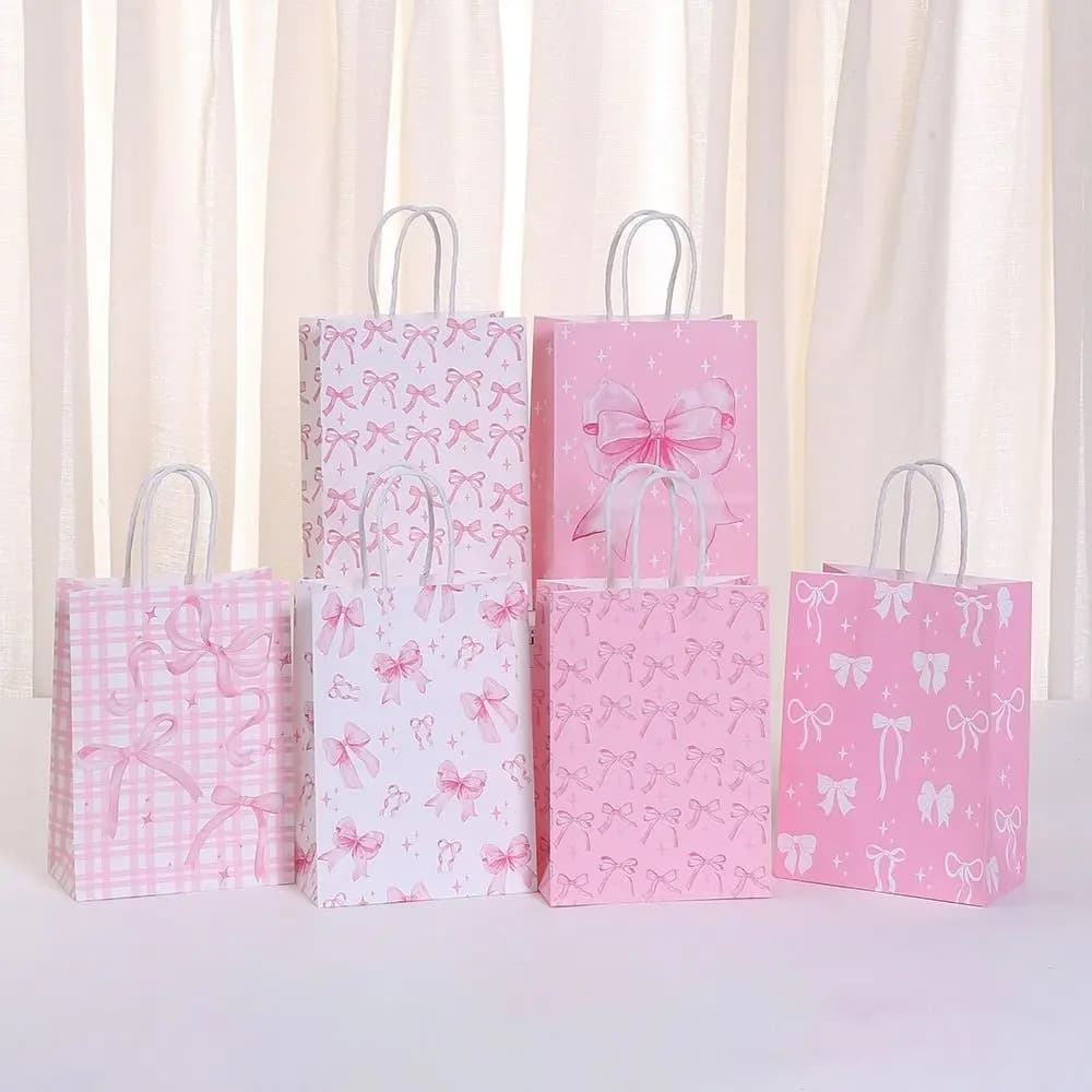12 sacchetti regalo durevoli e dolci, con fiocco rosa, sacchetti portatili per biscotti e caramelle, sacchetti riutilizzabili in carta per confezioni regalo, festa di compleanno