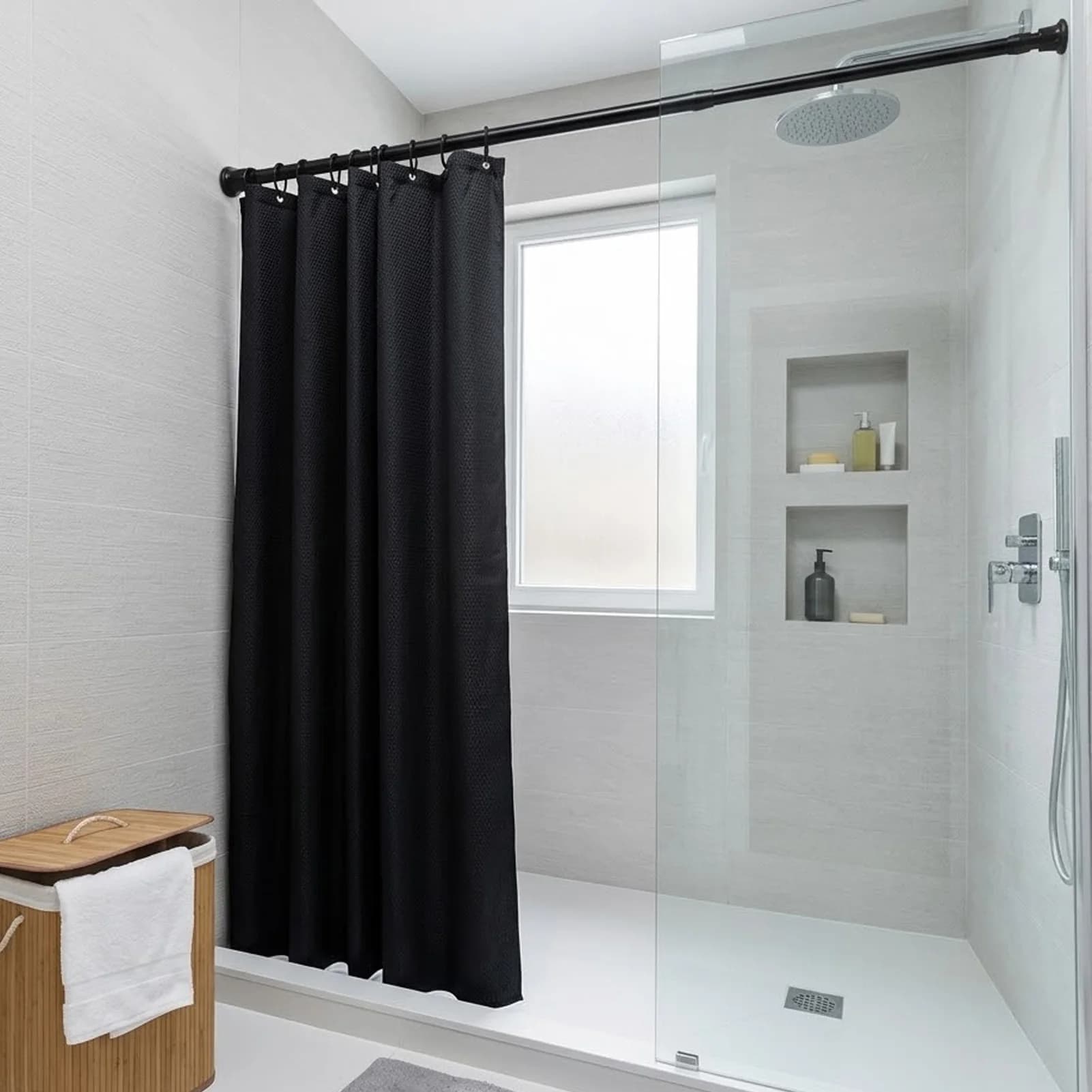 Shower Curtain Rod Adjustable Bathroom Tension Pole for Renters White Baked Paint No Drill Rustproof Home Organizer Tool