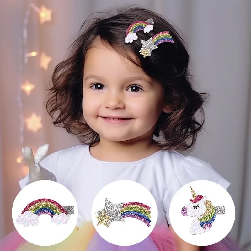 1pcs Magical Unicorn Rainbow Hair Clips For Girls Playful Glitter Accent Trendy Stylish New Headwear Kids Bangs Daily Hairstyles