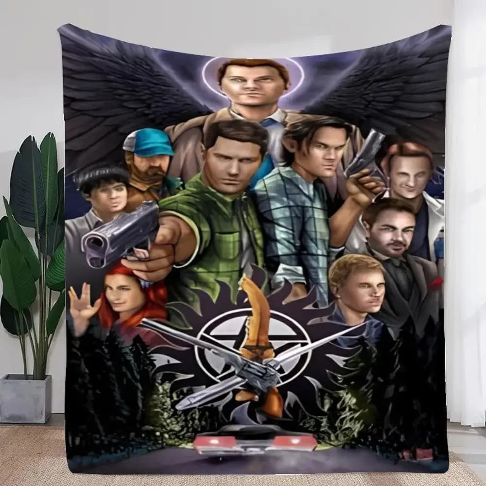Supernatural Dark Fantasy Blanket Cozy Fleece Throw with Castiel Sam Dean Winchester Bobby Ruby Crowley