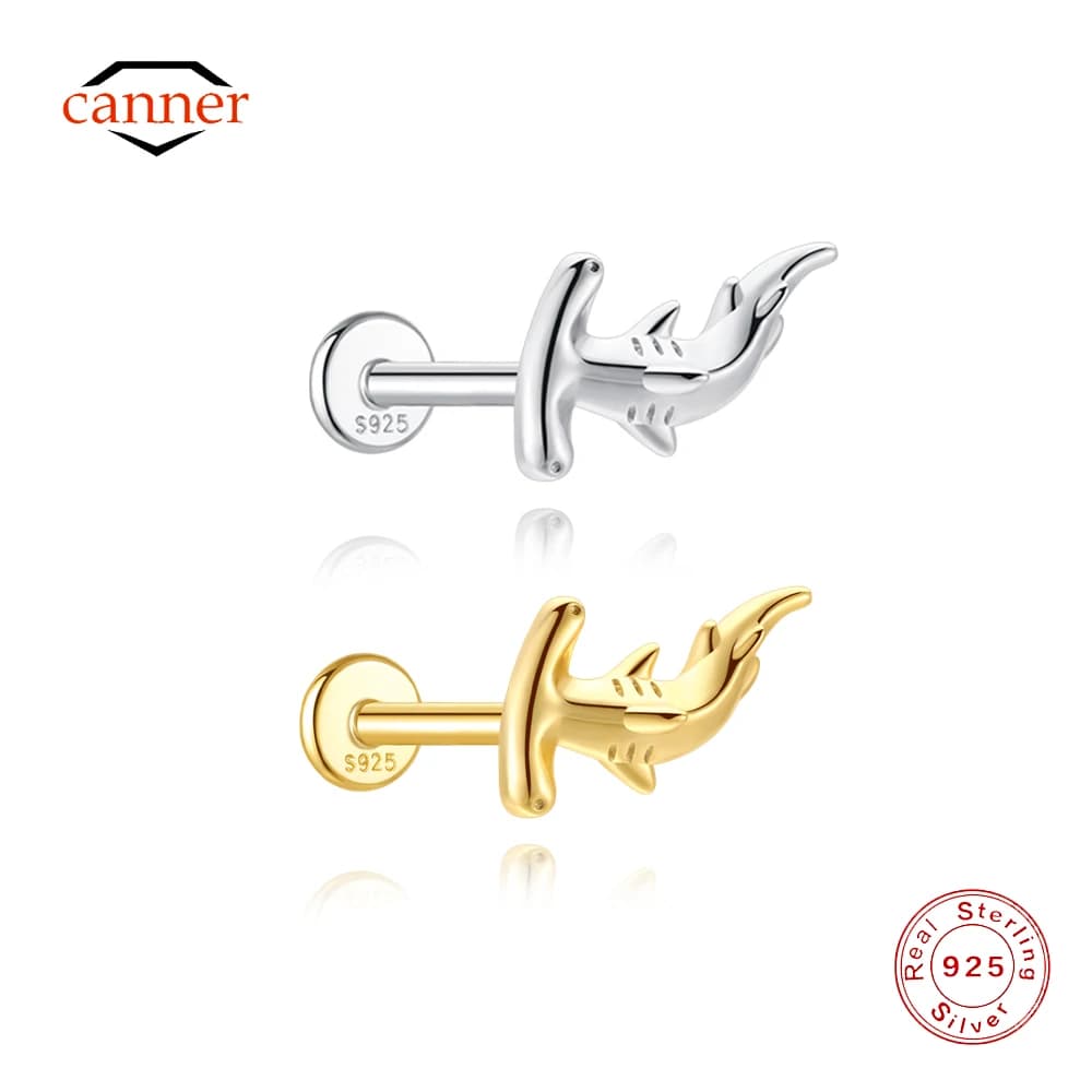 CANNER 1PC 925 Sterling Silver Smooth Hammerhead Shark Flat Back Piercing Ear Bone Earring For Women 18K Gold Plated Earring