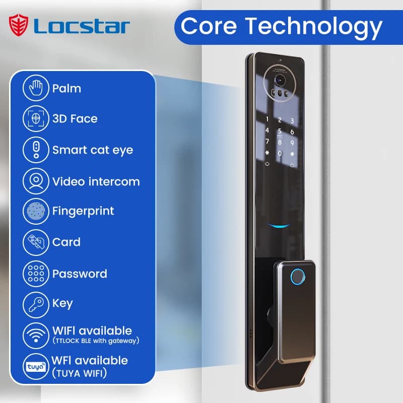 High Quality 3D Face Recognition Digital Keypad Fingerprint Biometric Automatic Exterior Smart Door Lock with Camera