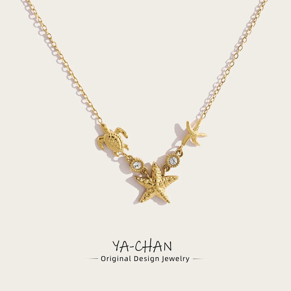 YACHAN Waterproof 18K Gold Plated Stainless Steel Ocean Beach Pendant Necklace for Women Turtle Starfish Charm Jewelry