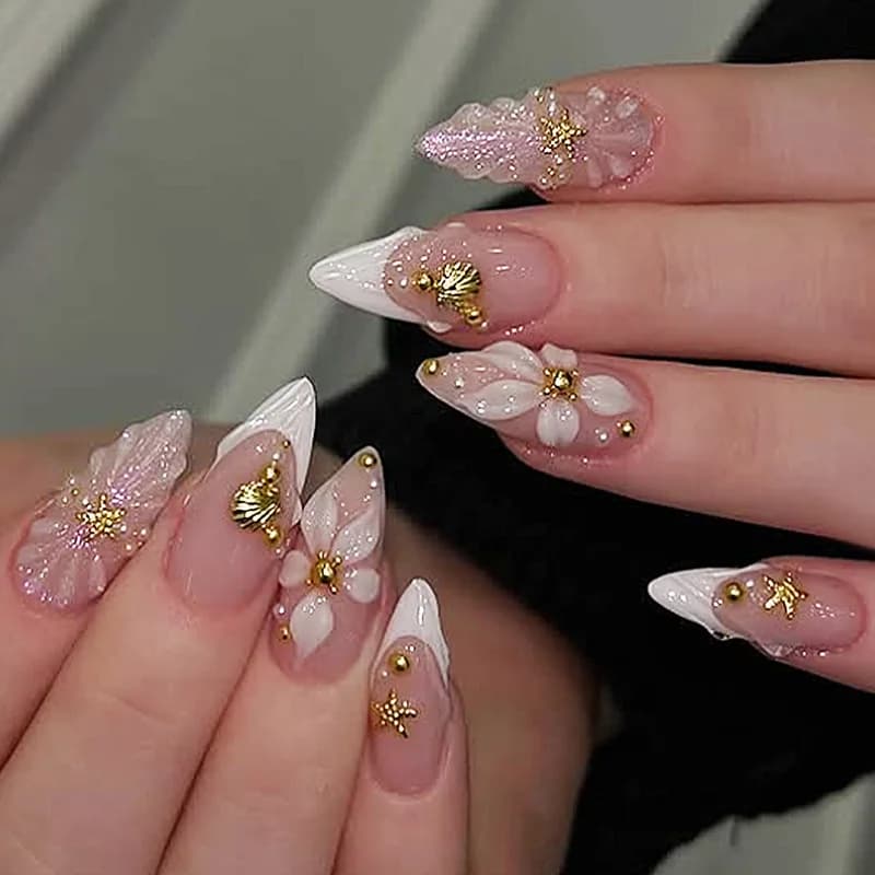 Set of 24 Fine Nails in Mandorla Ready to Use, Reusable, with Pink Floral Design and Shell Beads, Long Nails