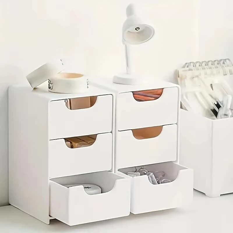 Mini organizer da scrivania a 3 cassetti, scatola portaoggetti in plastica con maniglia in legno, piccolo mobiletto con cassetti per ufficio, scuola e casa.