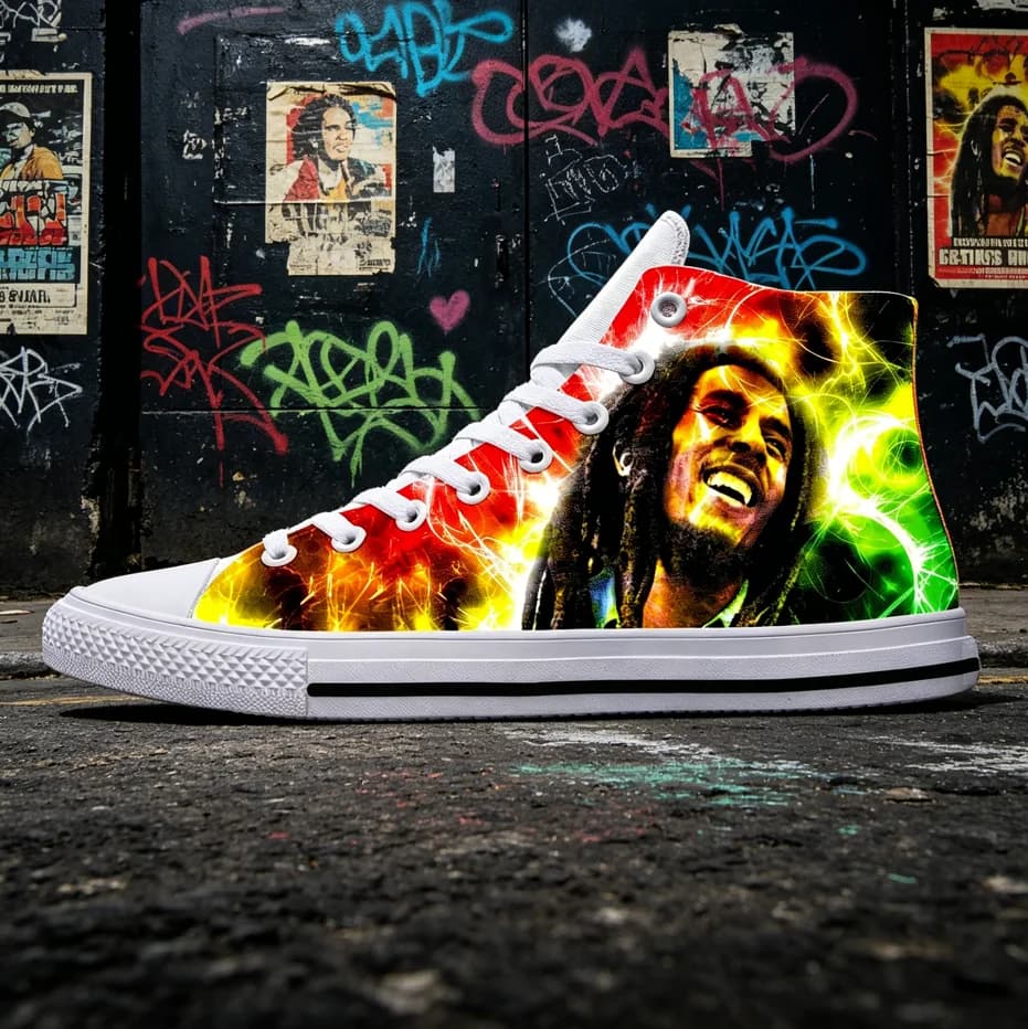 Sneakers in tela a tema culturale Bob Marley, traspiranti e leggere, calzature sportive alla moda per l'uso quotidiano all'aperto