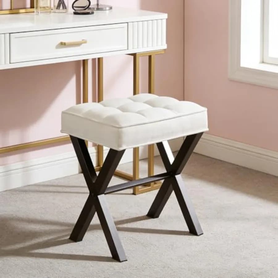 Sgabello Moderno Quadrato Imbottito con Gambe a X in Metallo e Tessuto Morbido in Lino - Seduta Versatile e Poggiapiedi