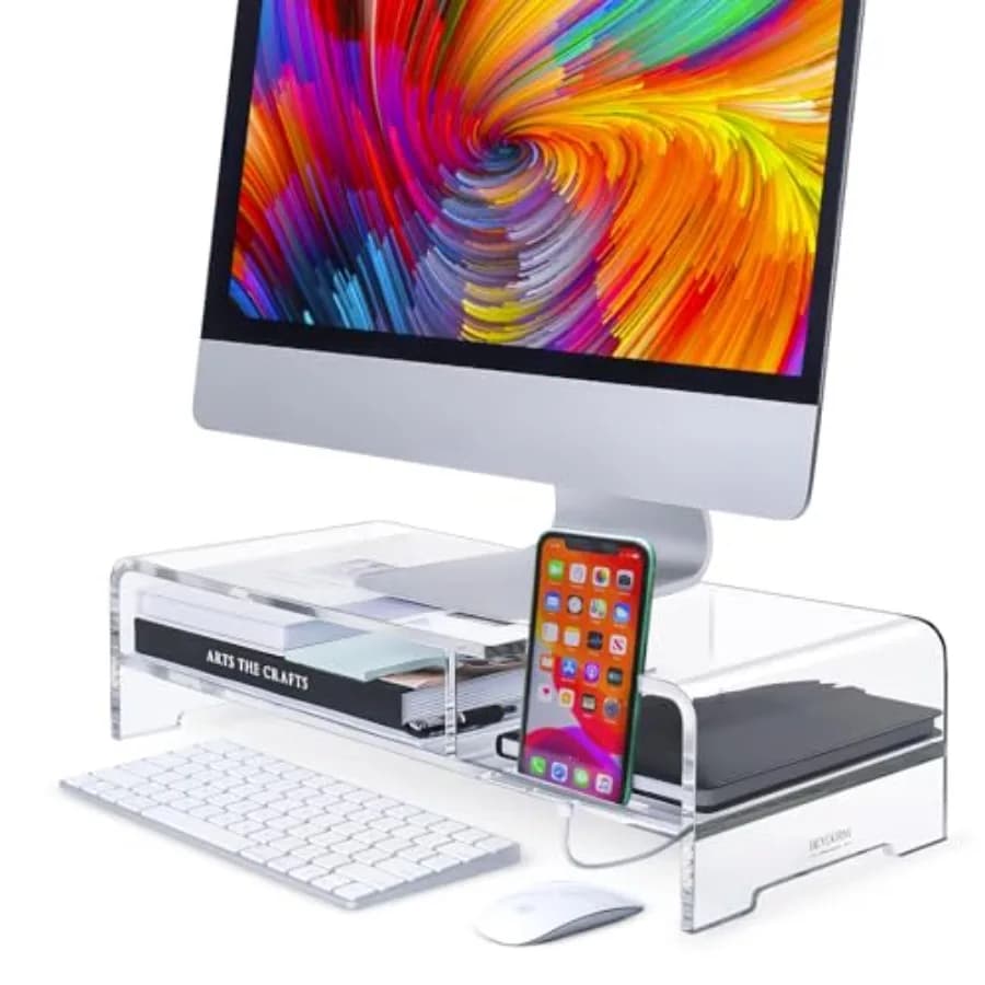 Supporto per Monitor in Acrilico per Tastiera Completa, Rialzo a 2 Livelli da 20 Pollici con Ripiano Portaoggetti e Supporto per Telefono, Organizzatore da Scrivania per Laptop