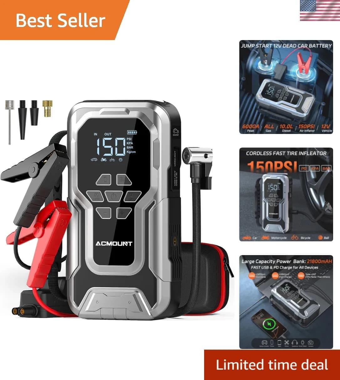 Avviatore di Emergenza D18 con Luce LED, Potenza 6000A e Compressore d'Aria - Design Compatto