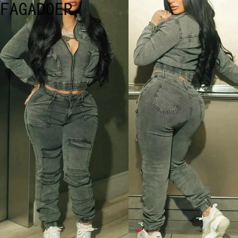 FAGADOER Set da due pezzi in denim alla moda per donna Y2k Streetwear Giacca corta con zip e tasche cargo Abiti jeans elasticizzati