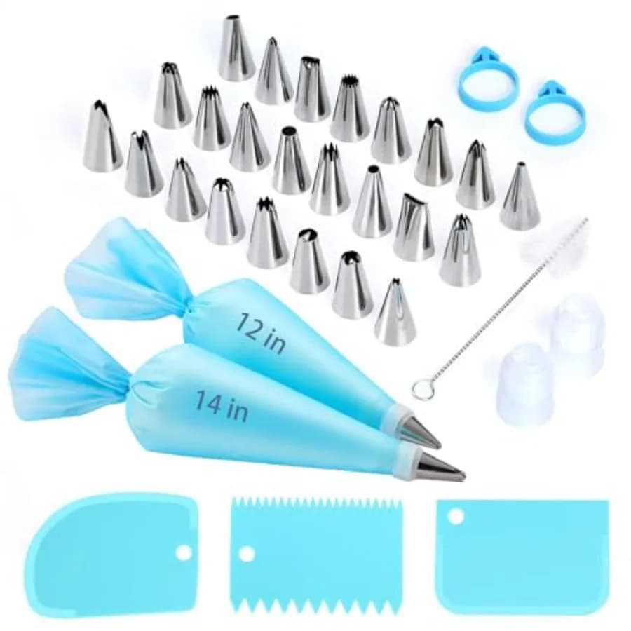 Ping Bags and Ts Set, Reusable Cake Decorating Kit wit 24 Stains Steel Icing Ts, 2 Reusable Silicone Ping Bags, 2 Couplers, 3 S