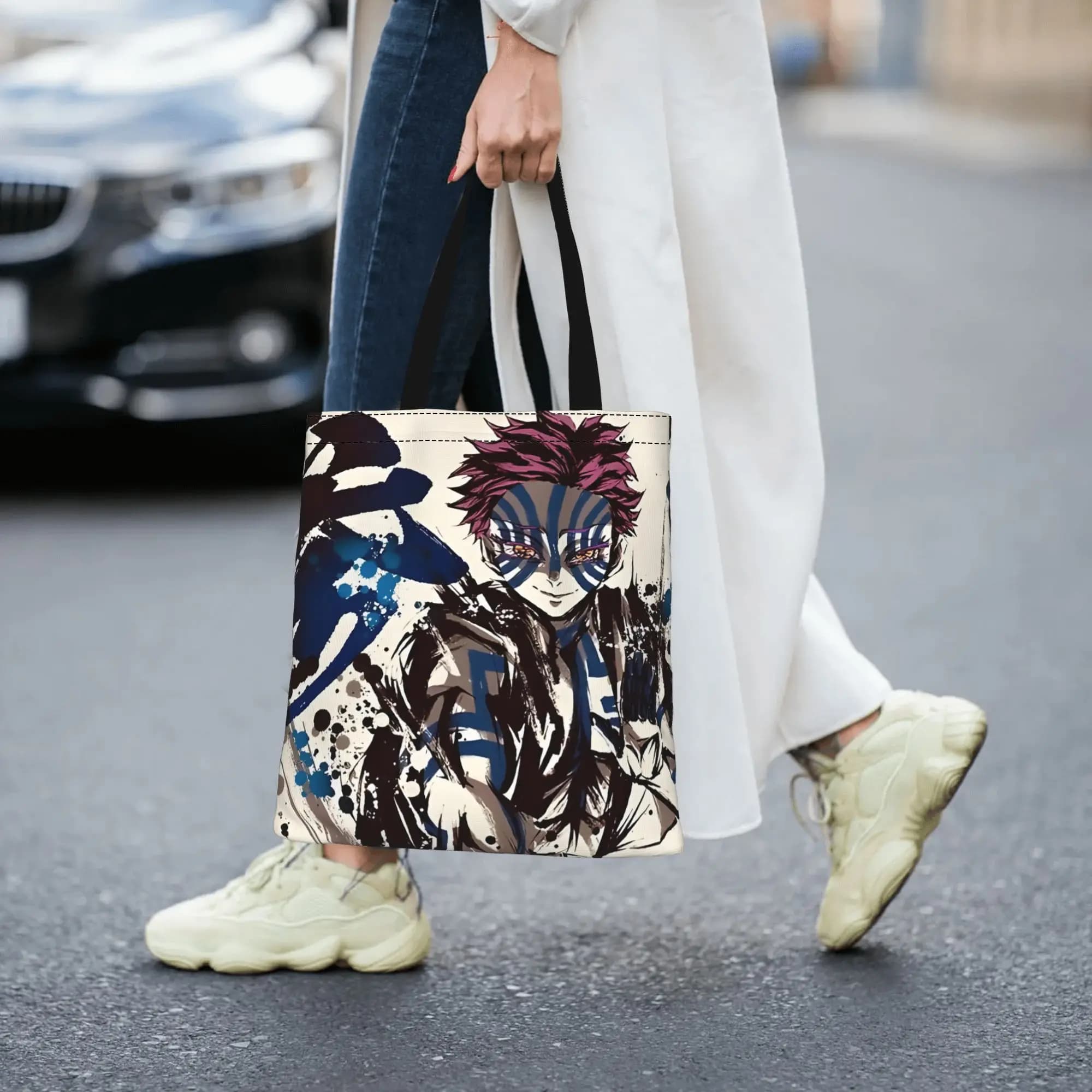 Borsa da donna 2026 The Battle Crazed Demon Akaza, borsa tote in tela riutilizzabile a doppio lato, borsa a tracolla Demon Slayer