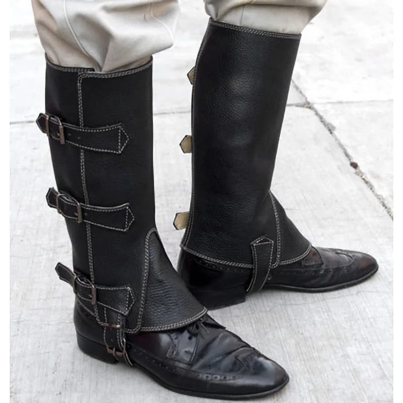 Medievale Steampunk PU Pelle Gamba Guardia Armatura Ghetta Cavaliere Vichingo Pirata Costume Cosplay Moto Boot Scarpe Copertura Mezza Chap