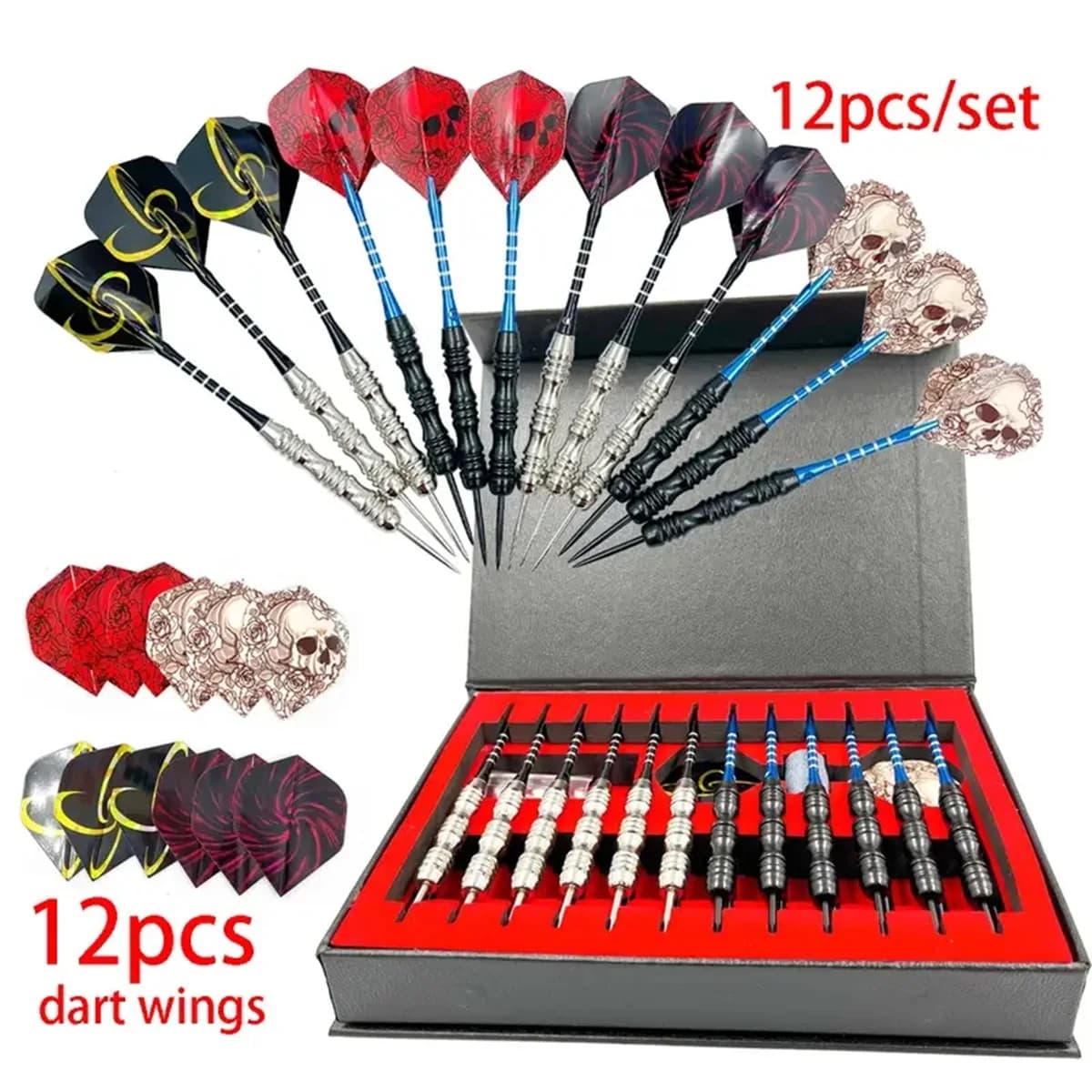 Set da 12 Pezzi di Punte in Acciaio per Freccette Dart Pro con Base in Ferro, Asta in Alluminio, Affilatore Extra per Freccette e Scatola per Affilatura