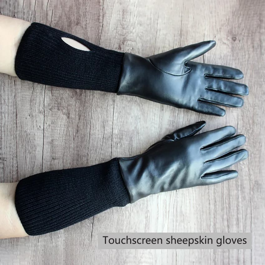 Guanti lunghi da donna in pelle di pecora, touch screen, con maniche elastiche a costine, fodera in velluto, caldi per l'autunno e l'inverno, ideali per la guida