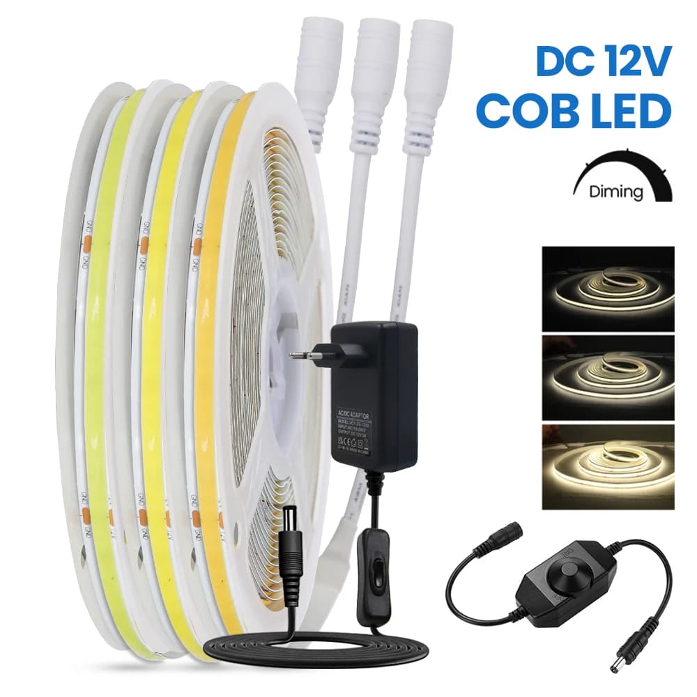 12V dimmable COB strip with power adapter 320Led/M 3000K 4000K Red Blue Pink Yellow Flexible tape Corda FOB LED Light