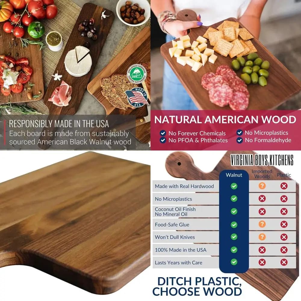 Sustainable cutting board for hardwood and walnut blocks with handle - 10x16 inch, manufactured in the United States