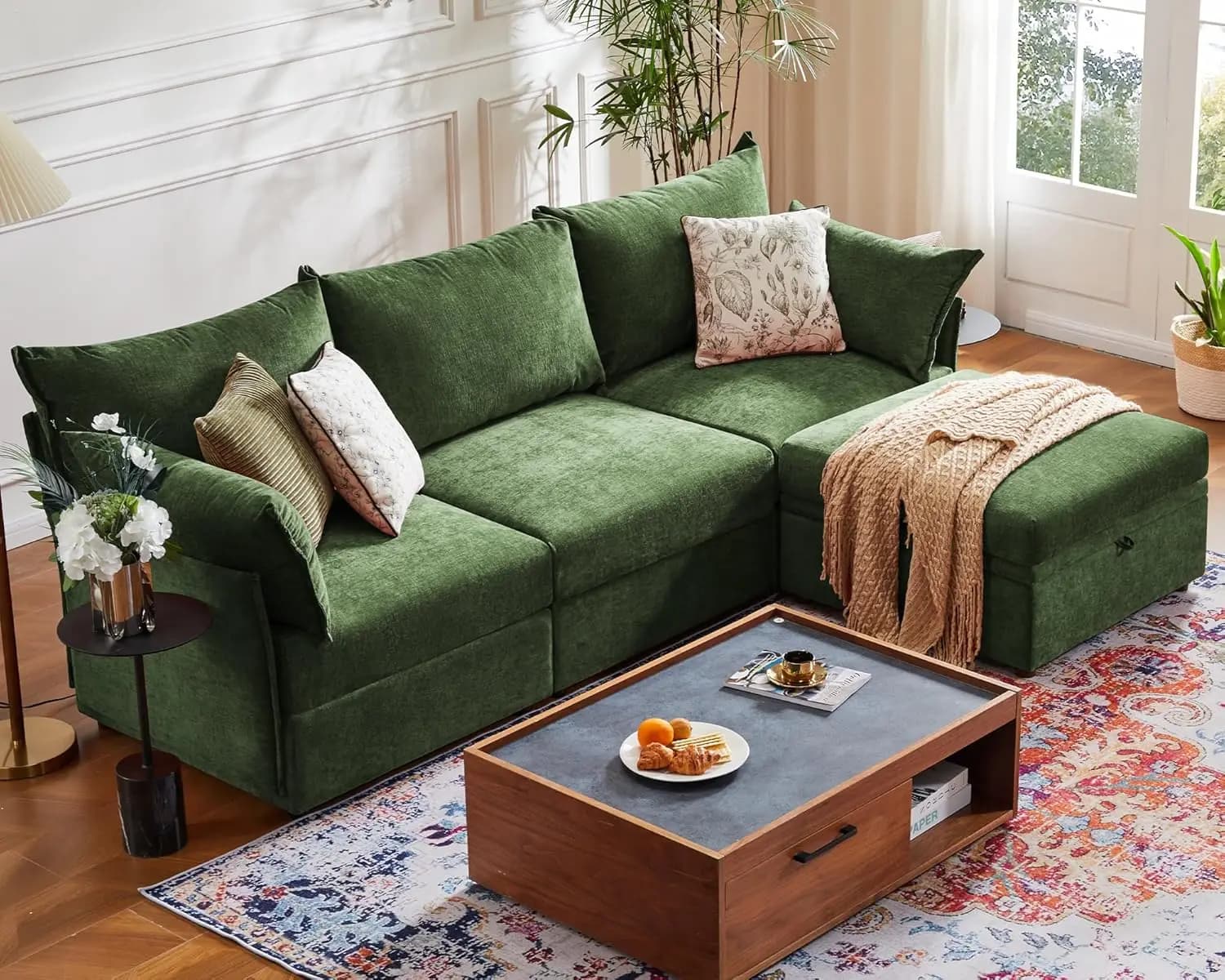 Sofa Fitted with L Coating in Washable Belt, Deep Seat, Pouf Container, Chaise Longue Reversible for Living Room 102 Inch, Customizable