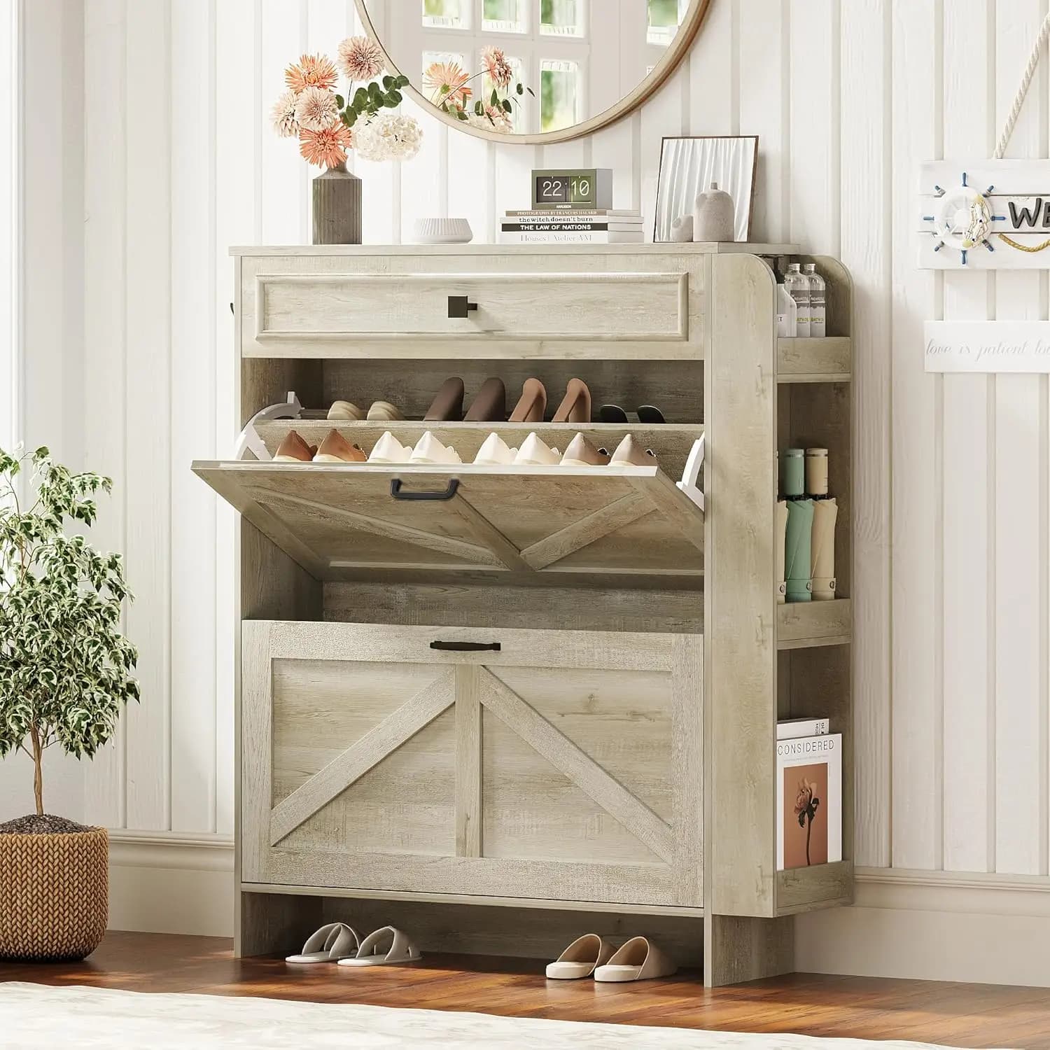 Mobiletto Portascarpe con 2 Cassetti Ribaltabili e Design a Porta Scorrevole, Organizzatore Indipendente per Ingresso, Stile Rustico con Ripiani