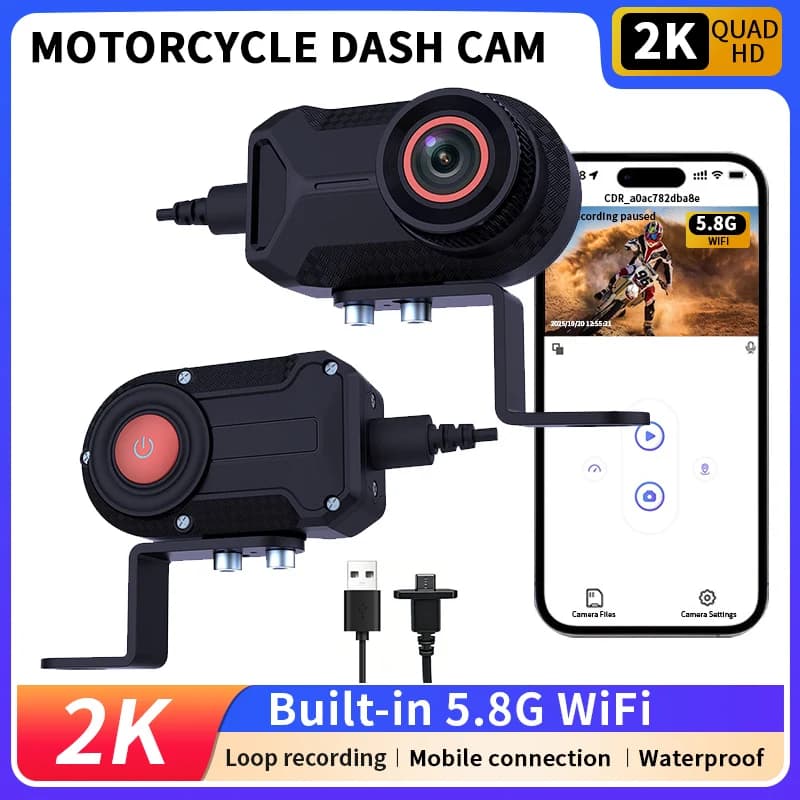 2K Motorcycle Dashcam, Mobile Interconnection APP for Motorcycle Waterproof Electric Recorder, Loop Recording, Plug and Recording