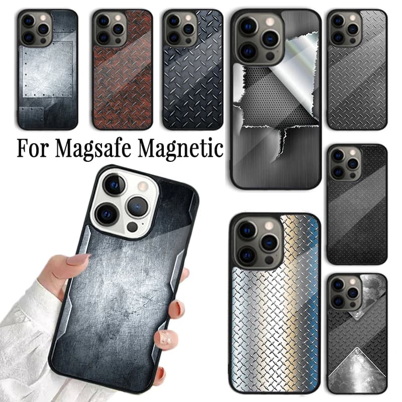 Cover per telefono in metallo con motivo in acciaio per iPhone 17 AIR 16 15 14 13 12 11 Pro Max Plus, custodia magnetica wireless Magsafe