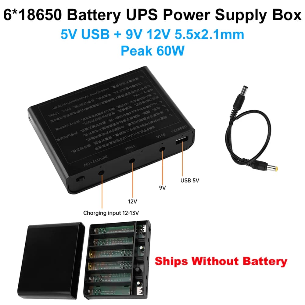 FAI DA TE 6x18650 Batteria 5V USB + 9V 12V 5.5x2.1mm UPS Scatola di Alimentazione per Router WiFi Modem Ottico Telecamera di Sicurezza Senza Batteria