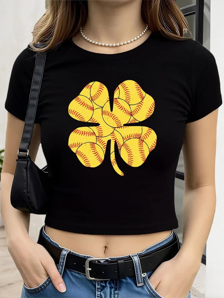 Top corto grafico da donna Shamrock Softball T-shirt slim fit nera a maniche corte Top estivo basic