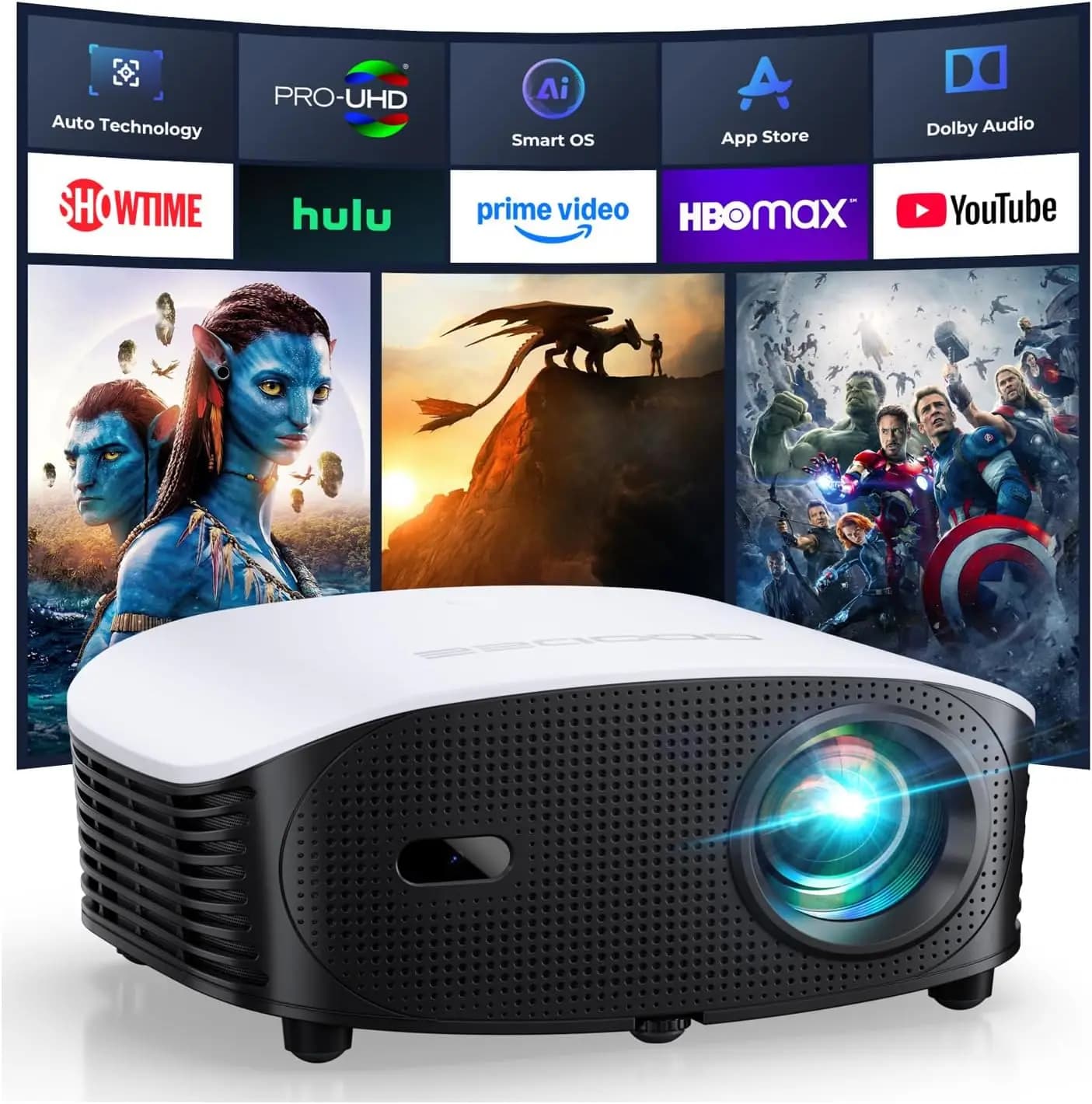 Mini Proiettore Smart con WiFi e Bluetooth, Supporto 4K 1200 ANSI, Messa a Fuoco Automatica AI e Correzione Trapezoidale per Home Theater