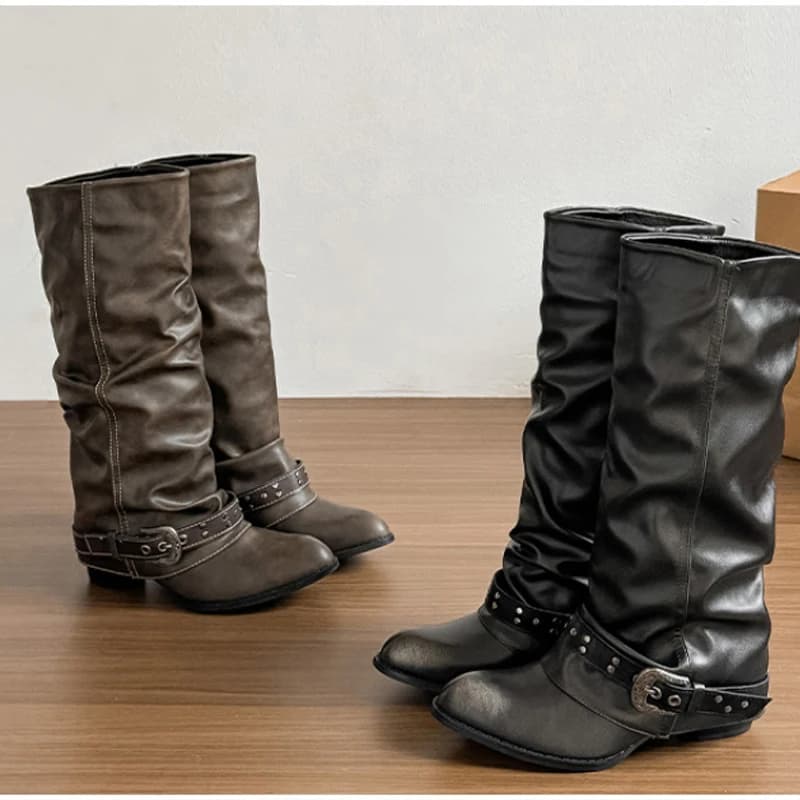 Y2k Punk Pointed Leather Knee High Boots Buckles Straps Pleats Loose Folds Mid Heel Fashionable Retro Thick Heeled Women's Boots