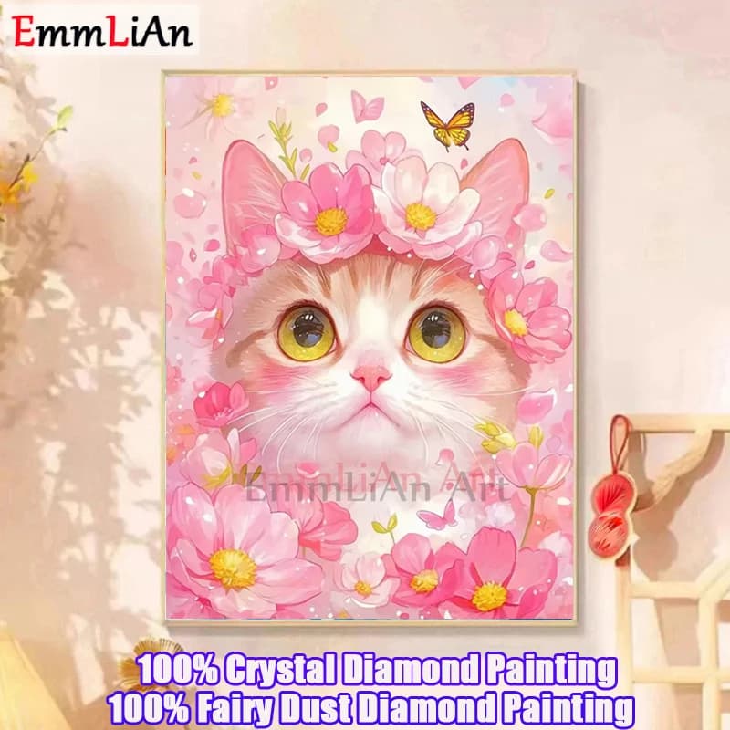 2025 New 100% Fairy Dust Diamond Mosaic Art Cartoon Pink Cat Full Crystal Embroidery Cross Stitch Kit Home Decor Children's Gift