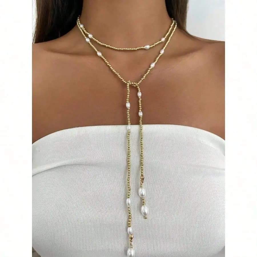 1pc Bohemian Faux Pearl Geometric CCB Fashion Long Necklace, Luxurious & Elegant Everyday/Party Jewelry Gift For Women
